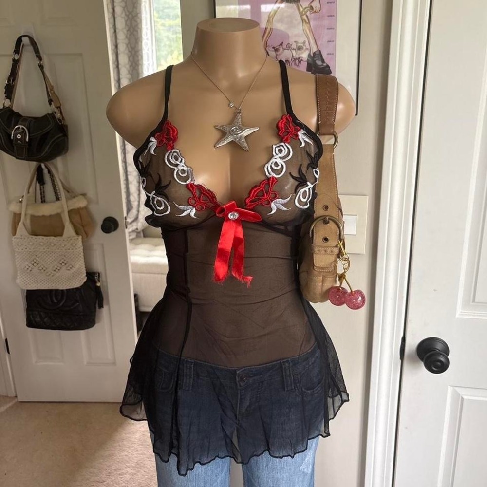 y2k 2000s romantic sheer black lace cami lingerie top